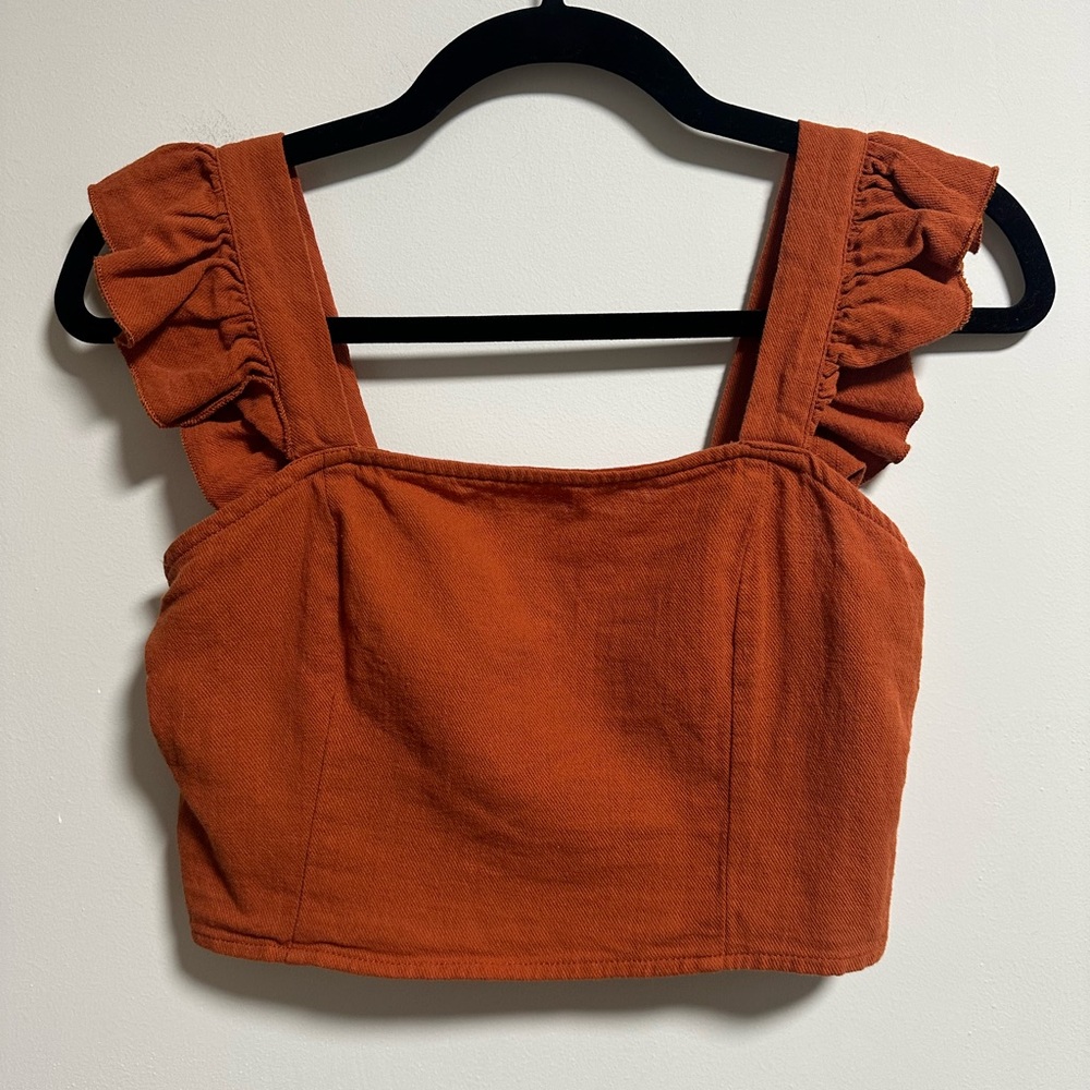 Cider Terracotta Ruffle Sleeve Crop Top